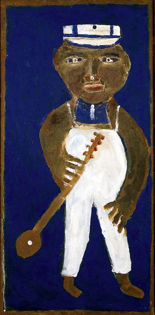  A painting of a black man wearing a hat and white overalls holding a banjo against a dark blue background.