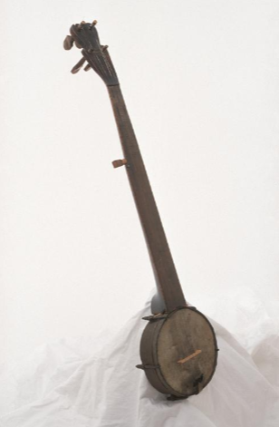 This banjo has a round base and long neck with tuning pegs at the top.