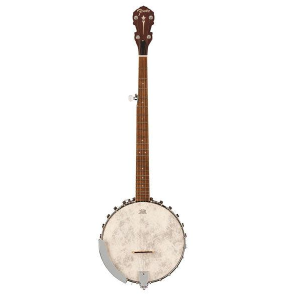 A banjo with a round base meant to look like animal skin with a long wooden neck with frets, strings, and tuning pegs.