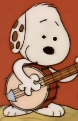 An animated beagle, Marbles, is playing the banjo.