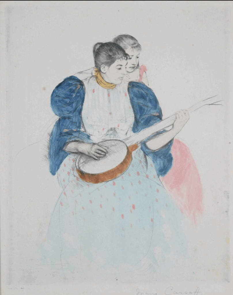 A lightly colored graphite illustration of an older white woman teaching a young white girl how to play the banjo. It is strikingly similar to Tanner's 1893 painting.
