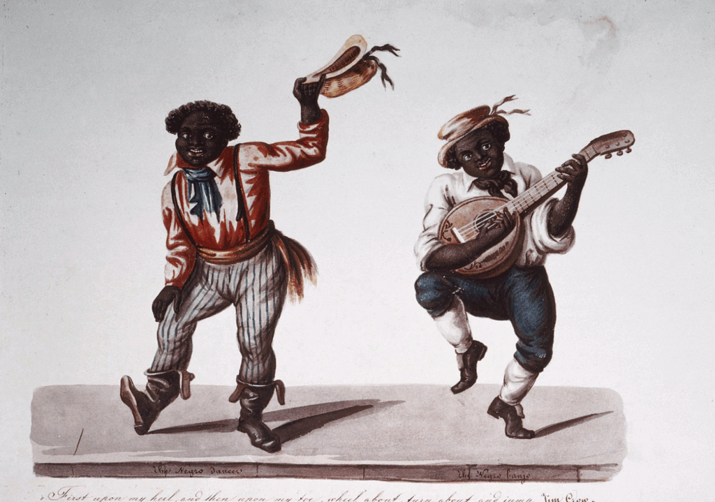 A colorful watercolor painting featuring two black men, with one dancing and the other playing a banjo.