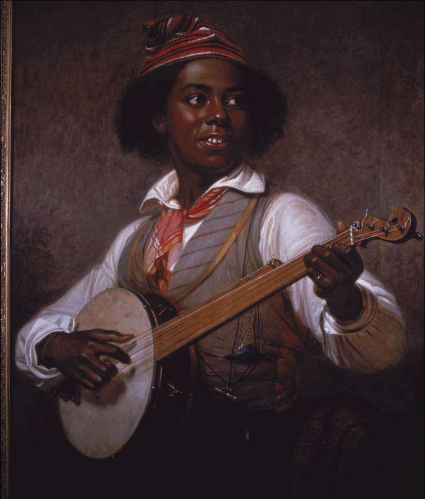 A very realistic painting of a black person playing a banjo.