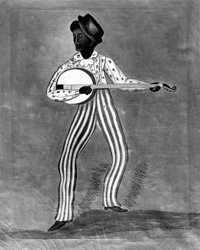 A black and white painting of a man with dark skin in a flamboyant outfit playing the banjo.