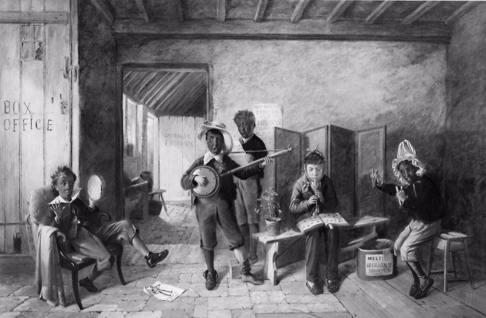 A black and white painting of four white boys in blackface and a fifth not in blackface. The boy in the center is holding a banjo, clearly demonstrating his unpainted, white hands.