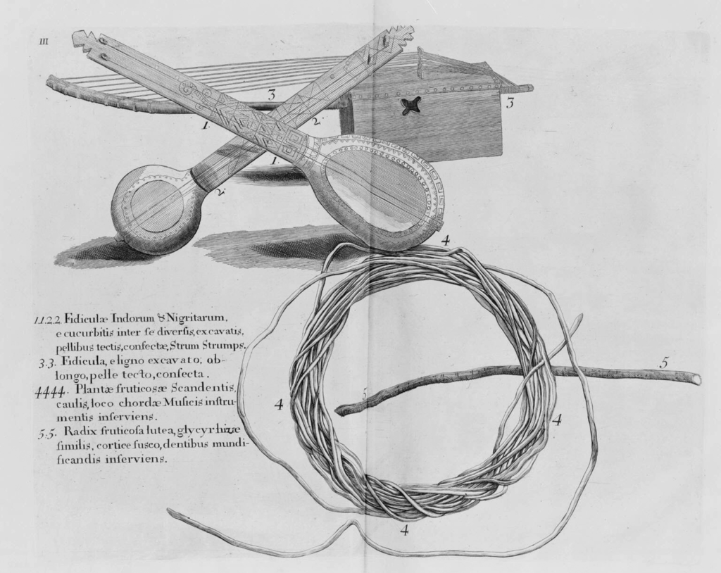 An old book spread featuring an illustration of two instruments that appear to be early banjos