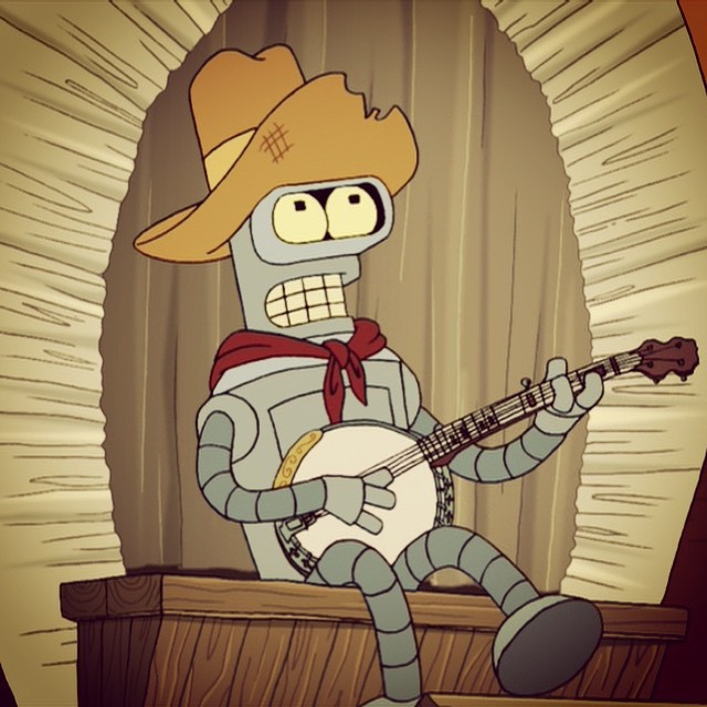 An animated robot sits while playing the banjo.