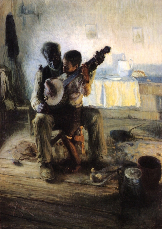An oil painting of an older black man with a young boy sitting on his lap and holding a banjo.