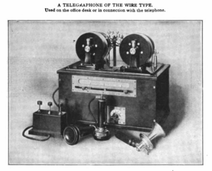 Black and white image of a telegraphone on a desk, phone attached via wires.