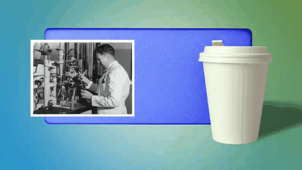 A black and white picture of someone working in a lab, set to a blue and green background with a white Styrofoam cup to the right of the photo.