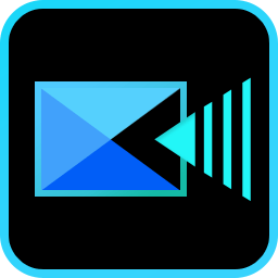 Logo for Cyberlink Corp.'s PowerDirector 365 depicting a square camera in the middle, in a black square with a light blue outline.