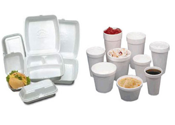 Styrofoam food containers, cups and bowls.